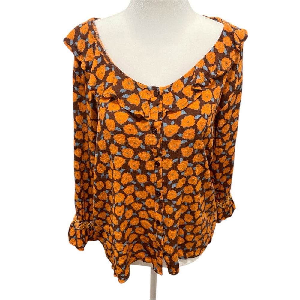 Bobeau Orange Brown Ruffled Blouse